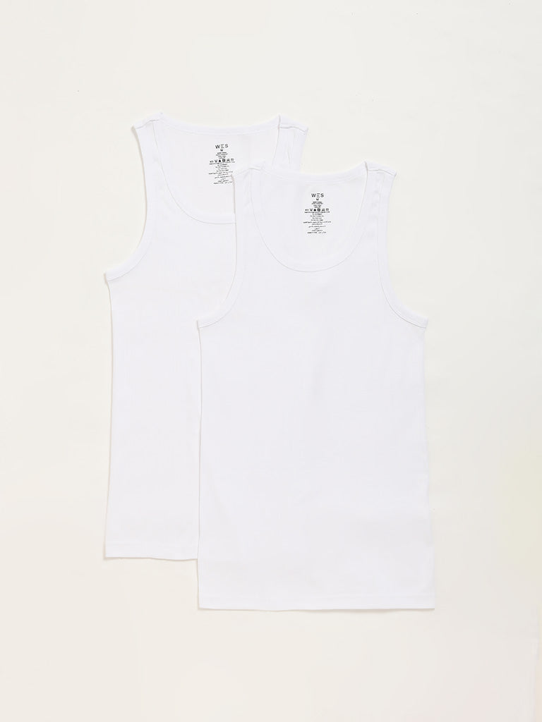 WES Lounge Plain White Cotton Vests - Pack of 2