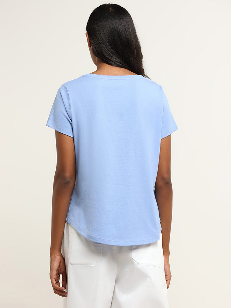 LOV Blue Contrast Print Cotton T-Shirt