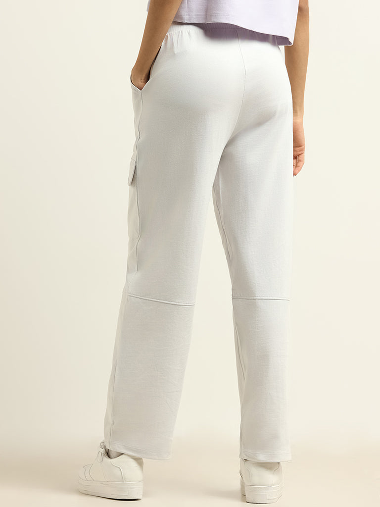 Studiofit White Cotton Cargo Track Pants