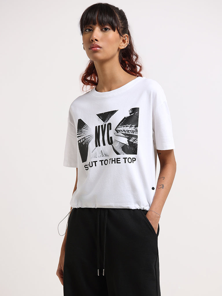 Studiofit White Crop Cotton Blend T-Shirt with Drawstring