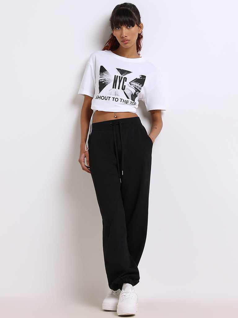 Studiofit White Crop Cotton Blend T-Shirt with Drawstring