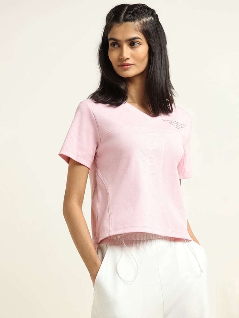 Studiofit Light Pink Printed Cotton Blend T-Shirt