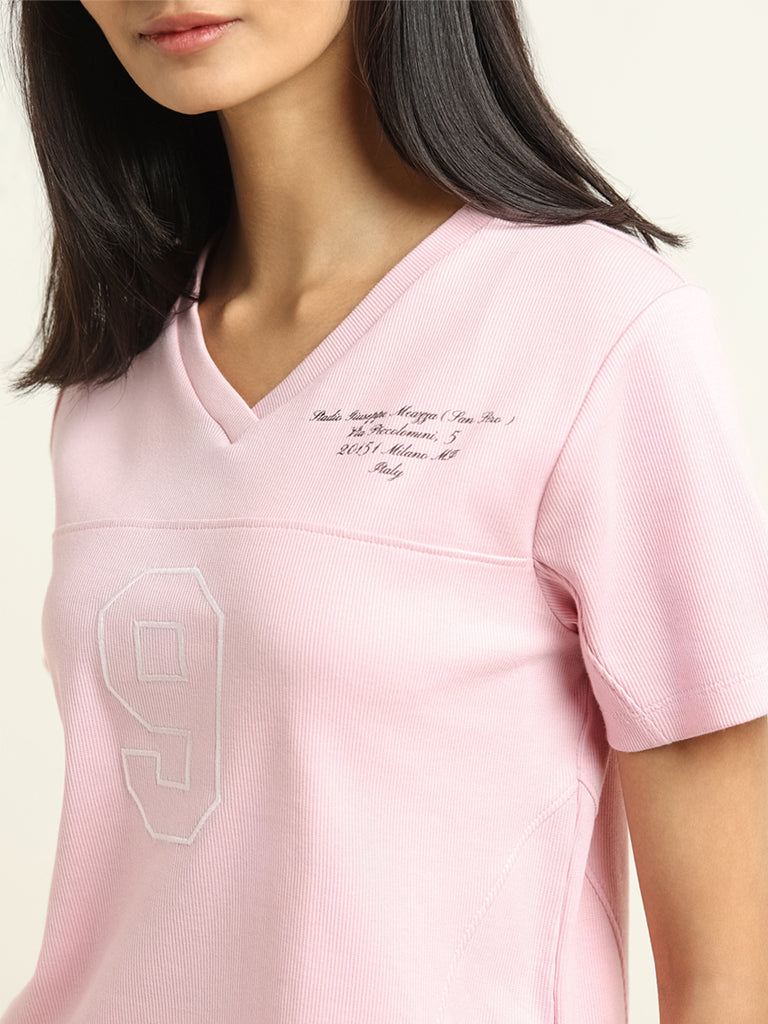 Studiofit Light Pink Printed Cotton Blend T-Shirt