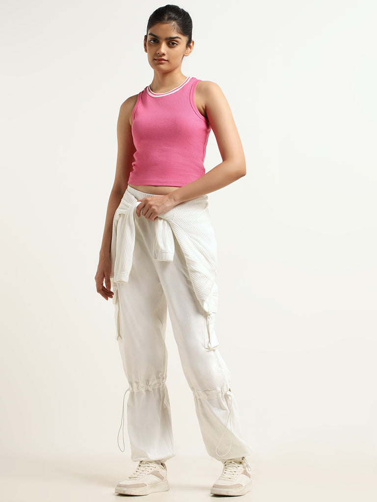 Studiofit Pink Ribbed Cotton Blend Crop T-Shirt