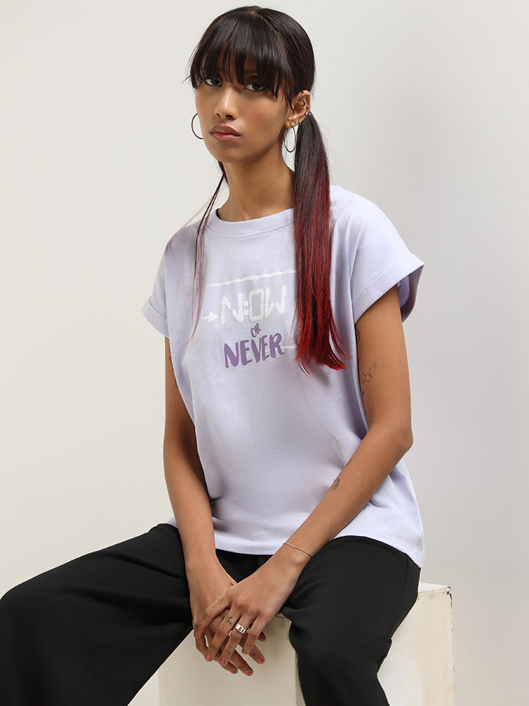 Studiofit Purple Slogan Cotton T-Shirt