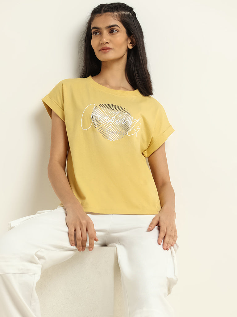 Studiofit Yellow Printed Cotton T-Shirt