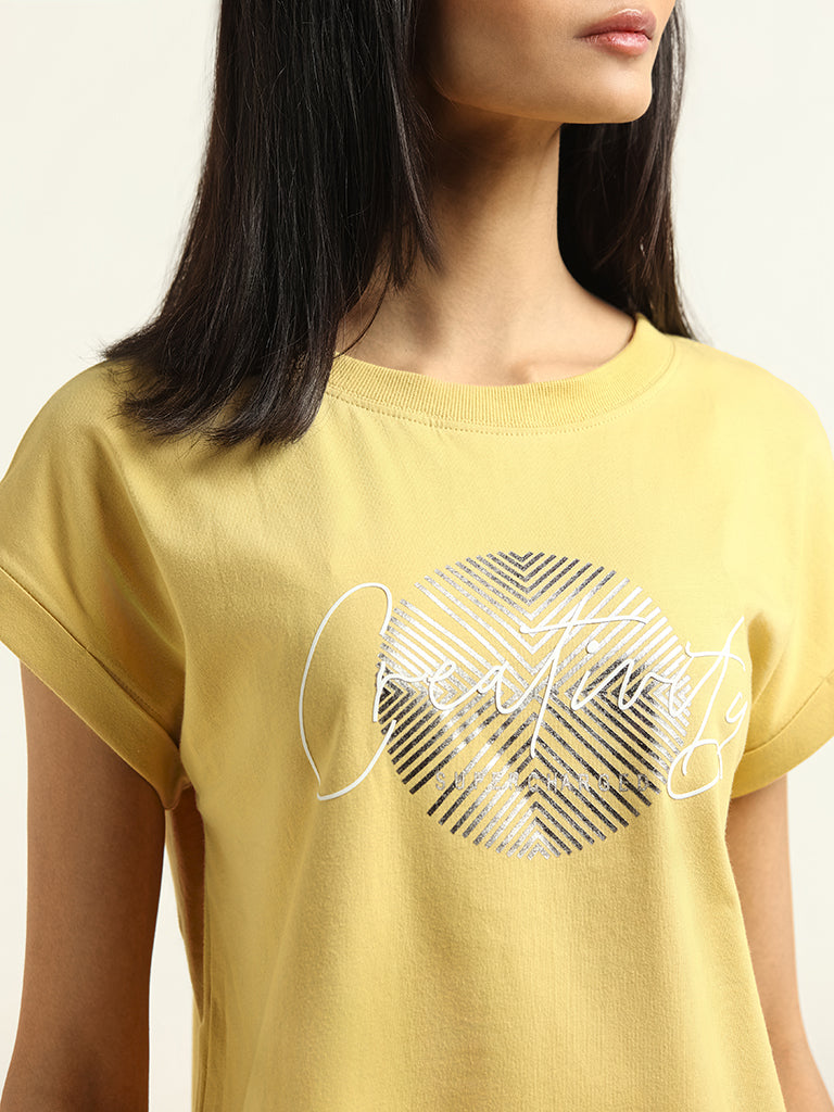 Studiofit Yellow Printed Cotton T-Shirt