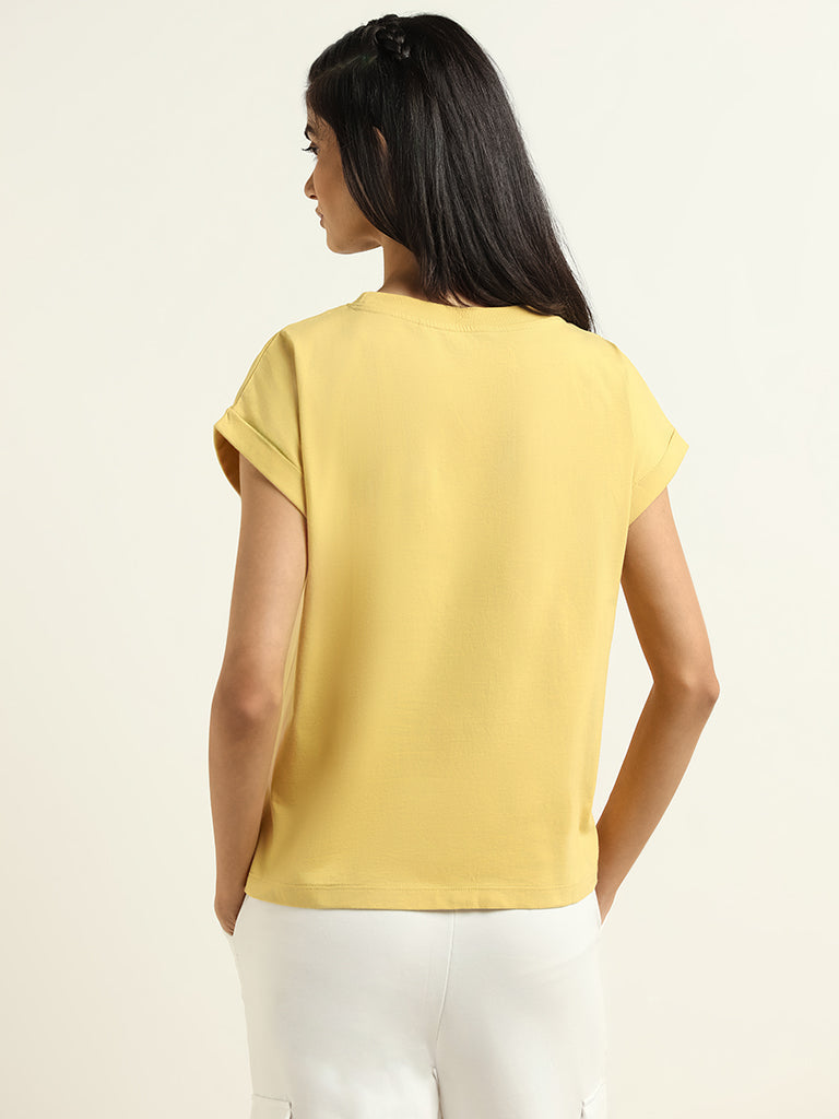 Studiofit Yellow Printed Cotton T-Shirt