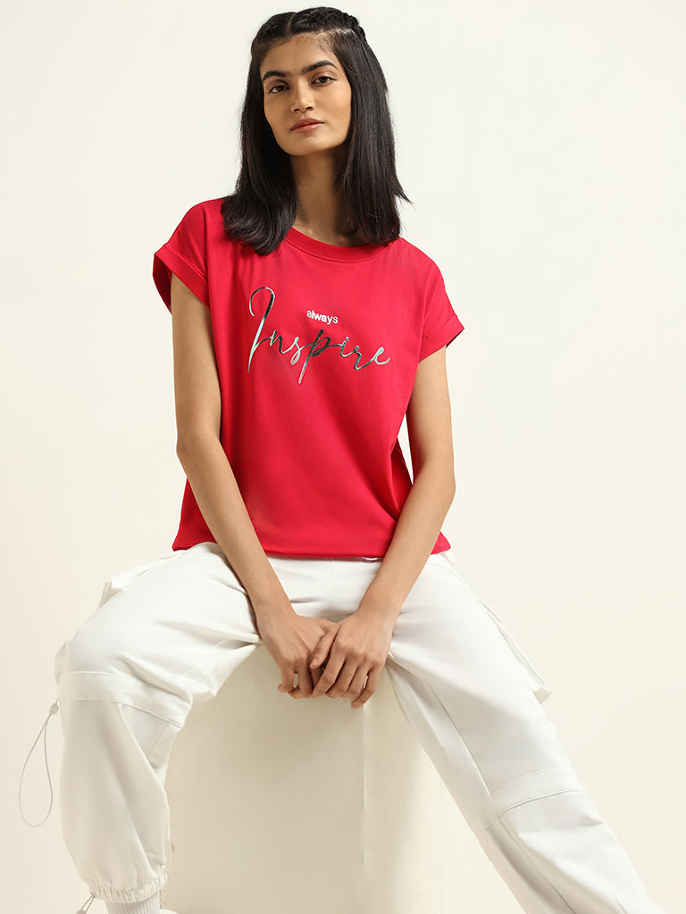 Studiofit Red Printed Cotton T-Shirt