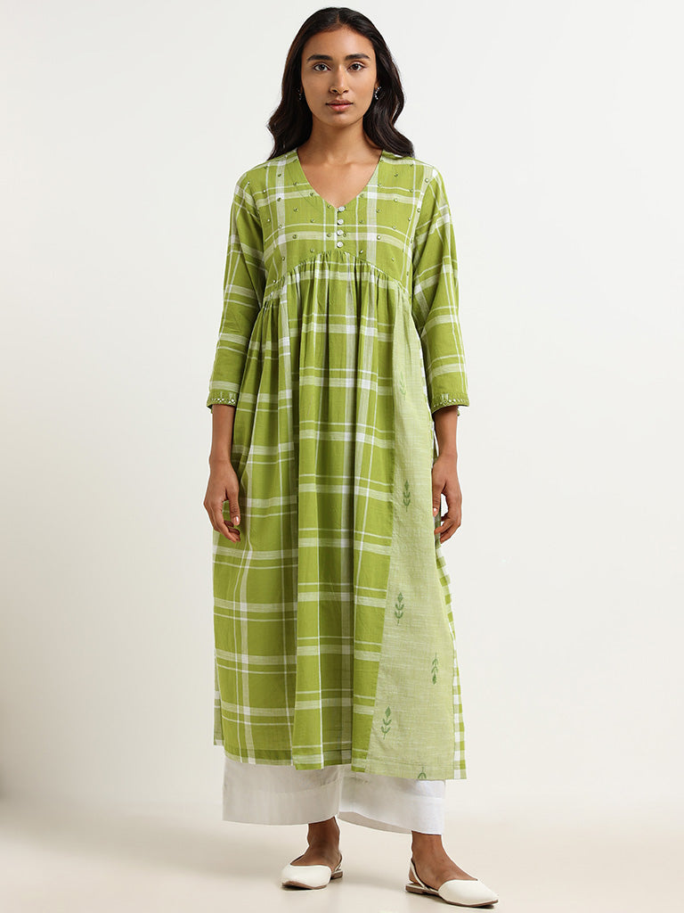 Utsa Green Checked Cotton Blend Kurta