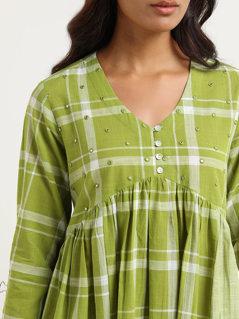 Utsa Green Checked Cotton Blend Kurta