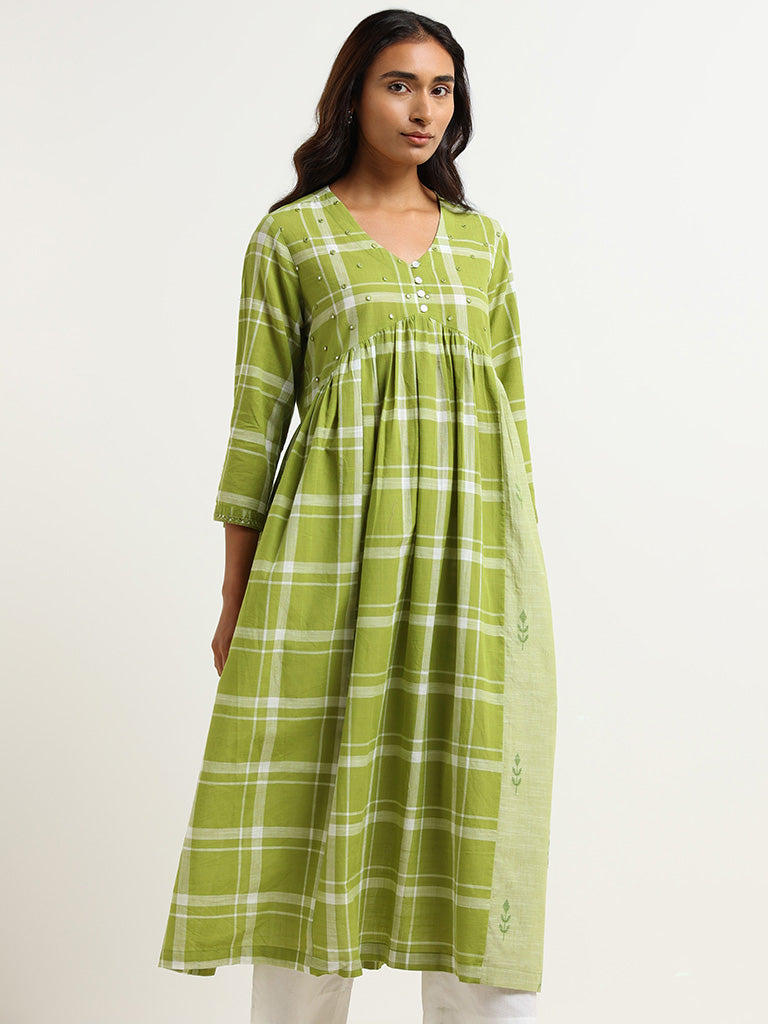 Utsa Green Checked Cotton Blend Kurta