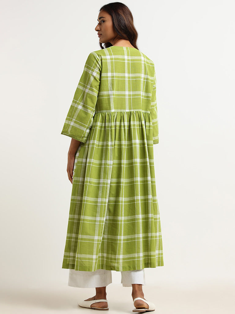 Utsa Green Checked Cotton Blend Kurta