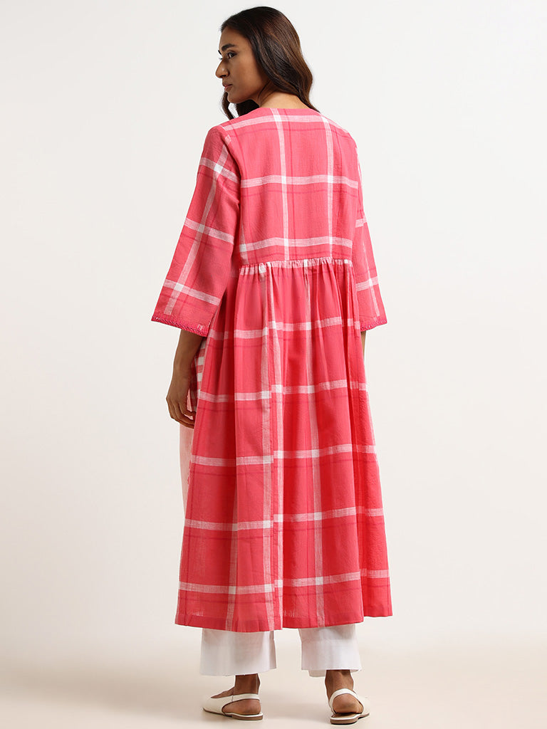 Utsa Pink Checked Cotton Blend Kurta