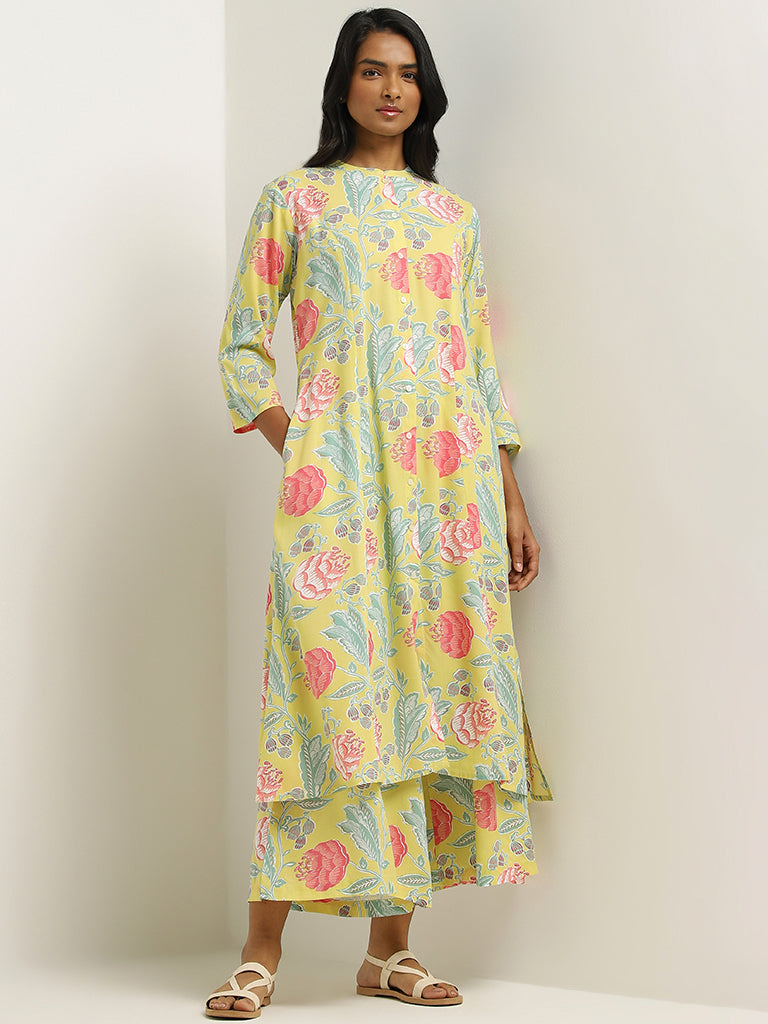 Utsa Lime Floral Printed Kurta