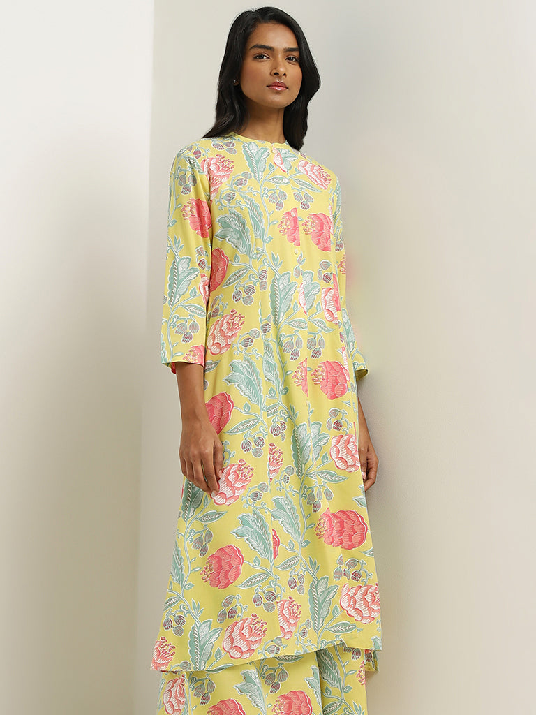 Utsa Lime Floral Printed Kurta