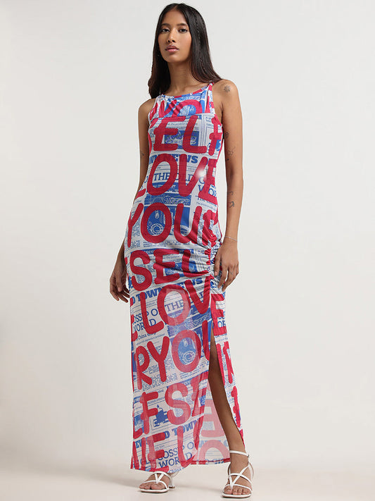 Nuon Red Contrast Print Tulle Maxi Dress