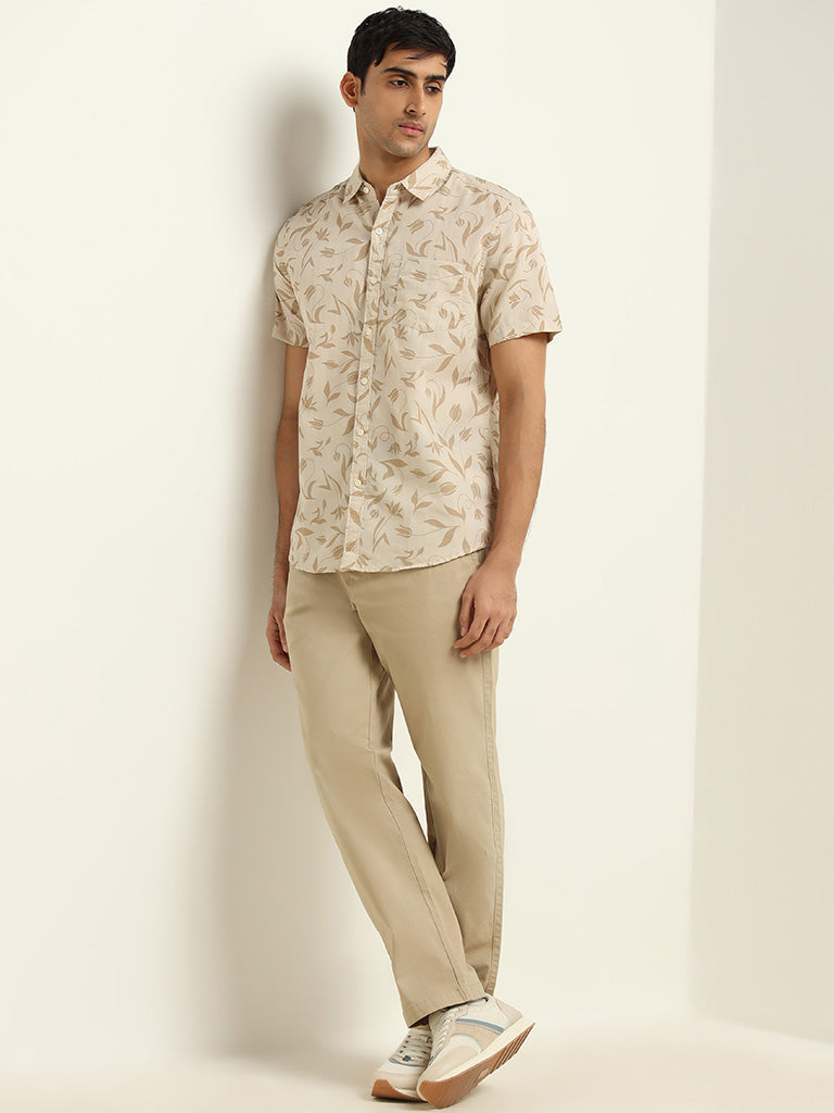 WES Casuals Beige Cotton Blend Relaxed Fit Chinos