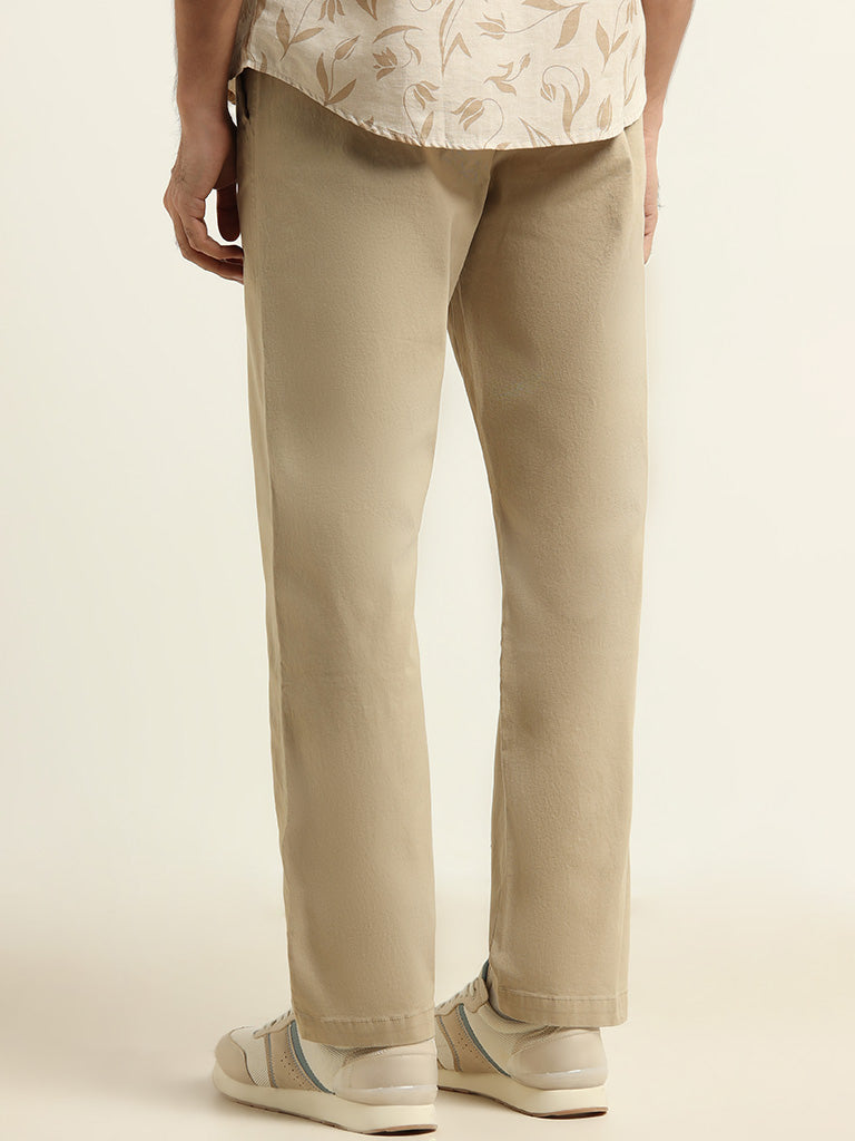 WES Casuals Beige Cotton Blend Relaxed Fit Chinos