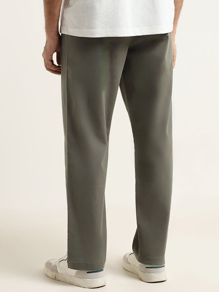 WES Casuals Olive Cotton Plain Relaxed Fit Pants