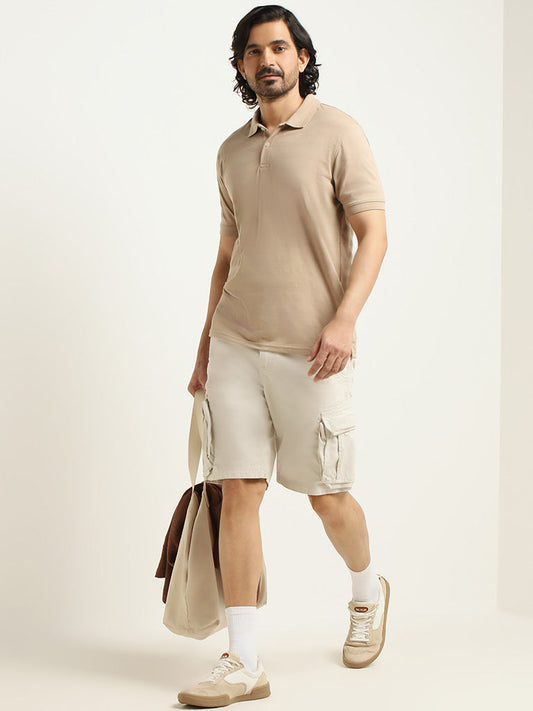 WES Casuals Plain Taupe Cotton Relaxed Fit Shorts