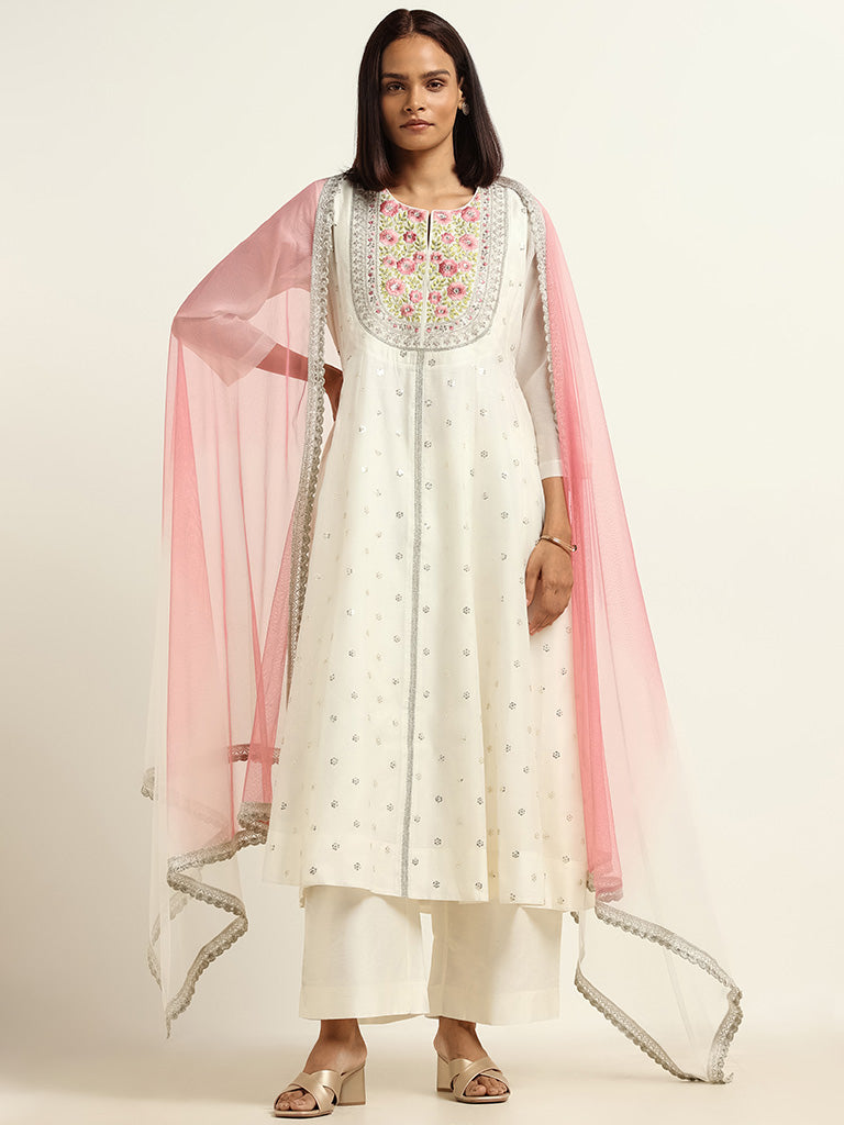 Vark White Kurta, Palazzos and Dupatta Set