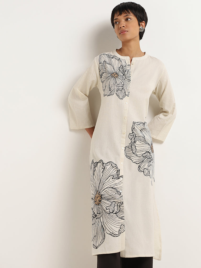 Utsa Off-White Printed Cotton Blend Kurta