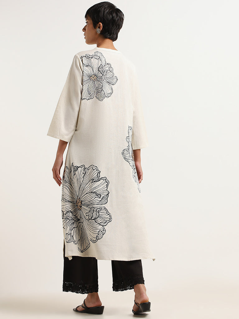 Utsa Off-White Printed Cotton Blend Kurta