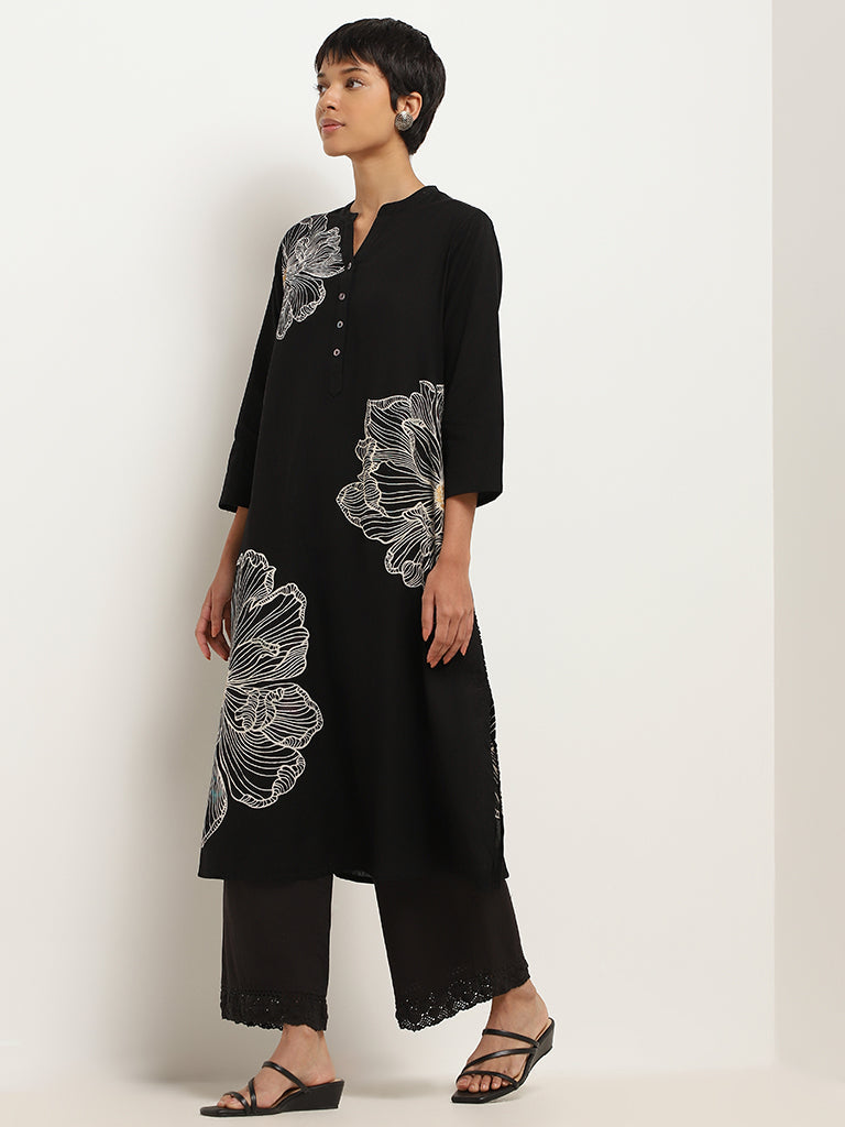 Utsa Black Printed Cotton Blend Kurta