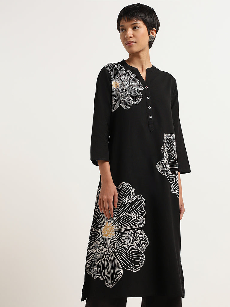 Utsa Black Printed Cotton Blend Kurta