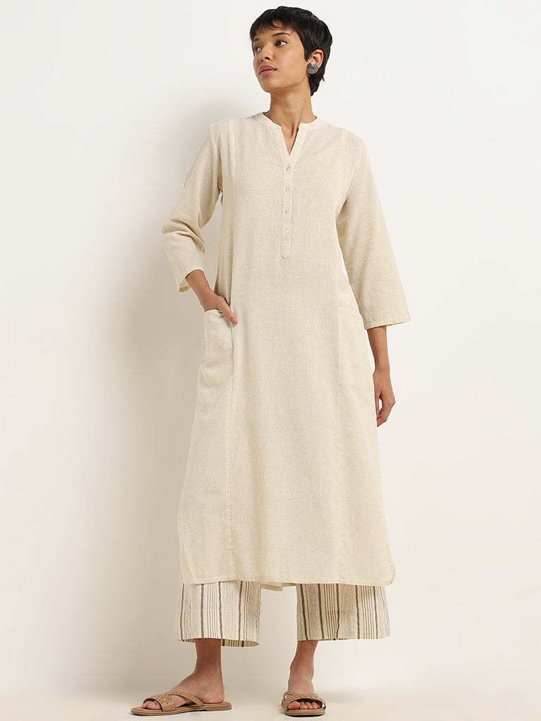 Utsa Cream Striped Blended Linen Wide-Leg Pants