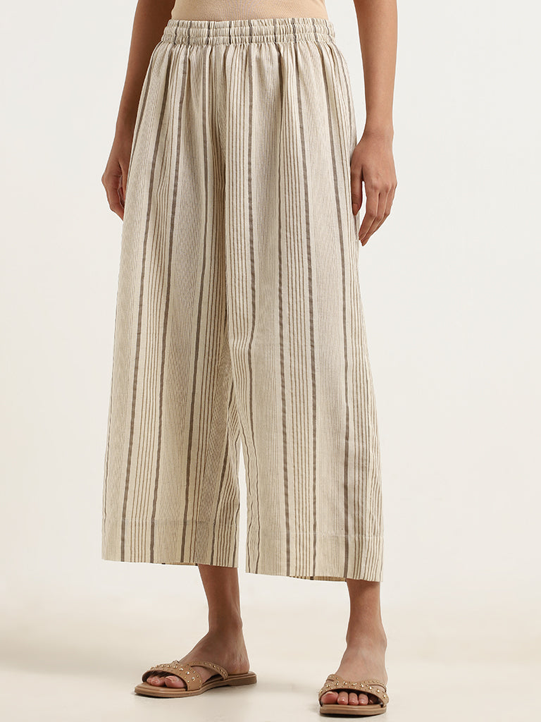 Utsa Cream Striped Blended Linen Wide-Leg Pants