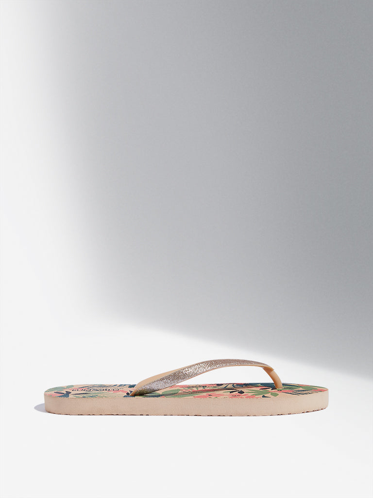 LUNA BLU Taupe Floral Printed Flip-Flop