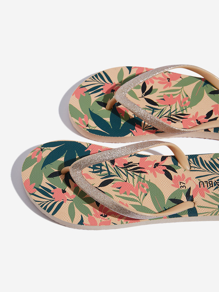 LUNA BLU Taupe Floral Printed Flip-Flop