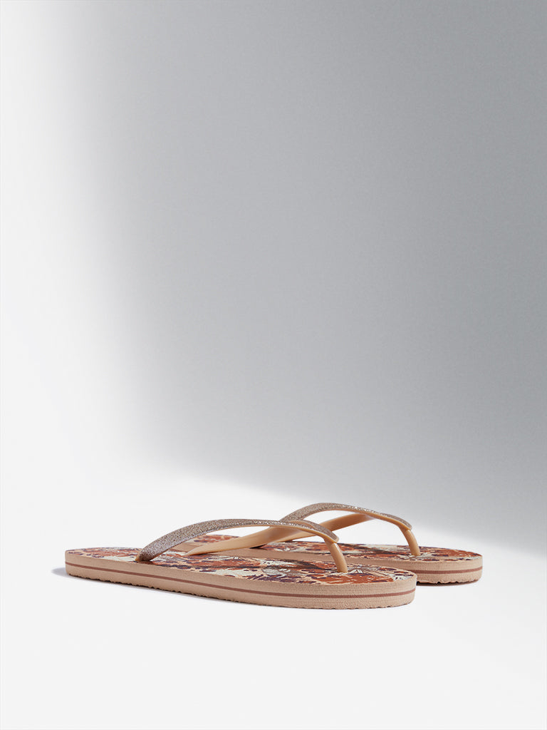 LUNA BLU Tan Floral Printed Flip-Flop