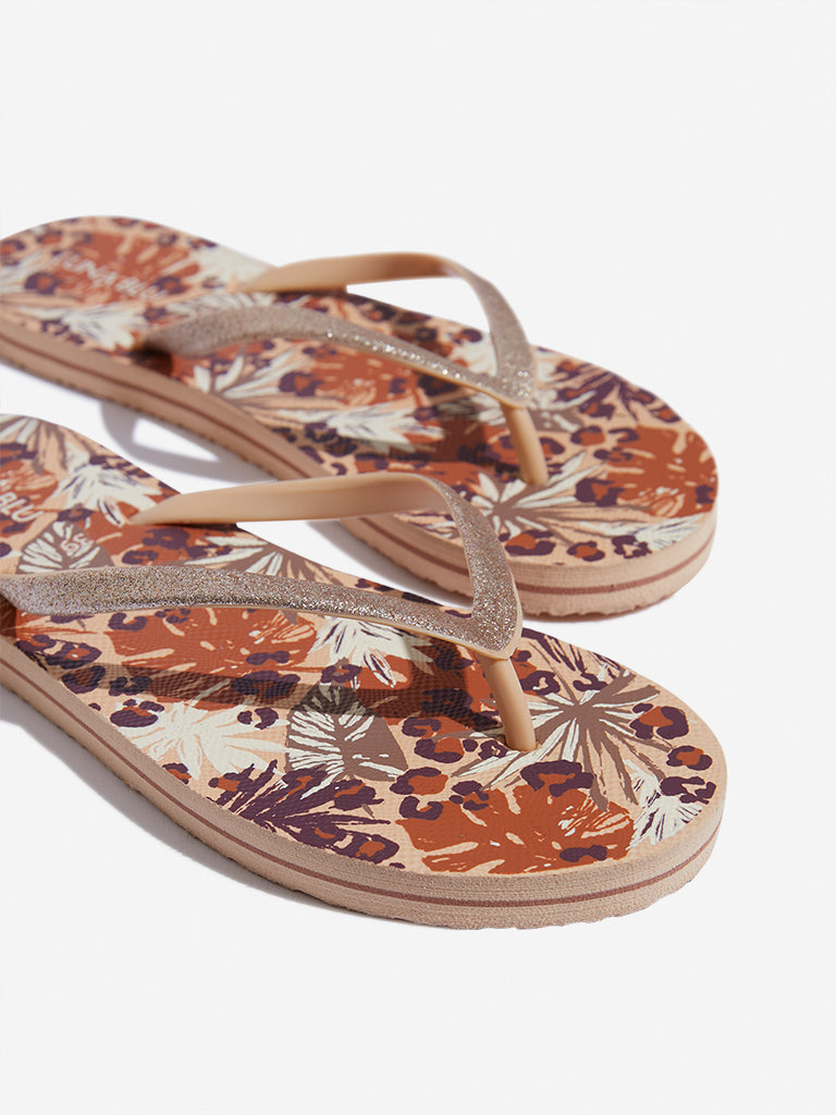 LUNA BLU Tan Floral Printed Flip-Flop