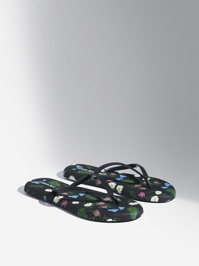 LUNA BLU Black Floral Patterned Flip-Flops