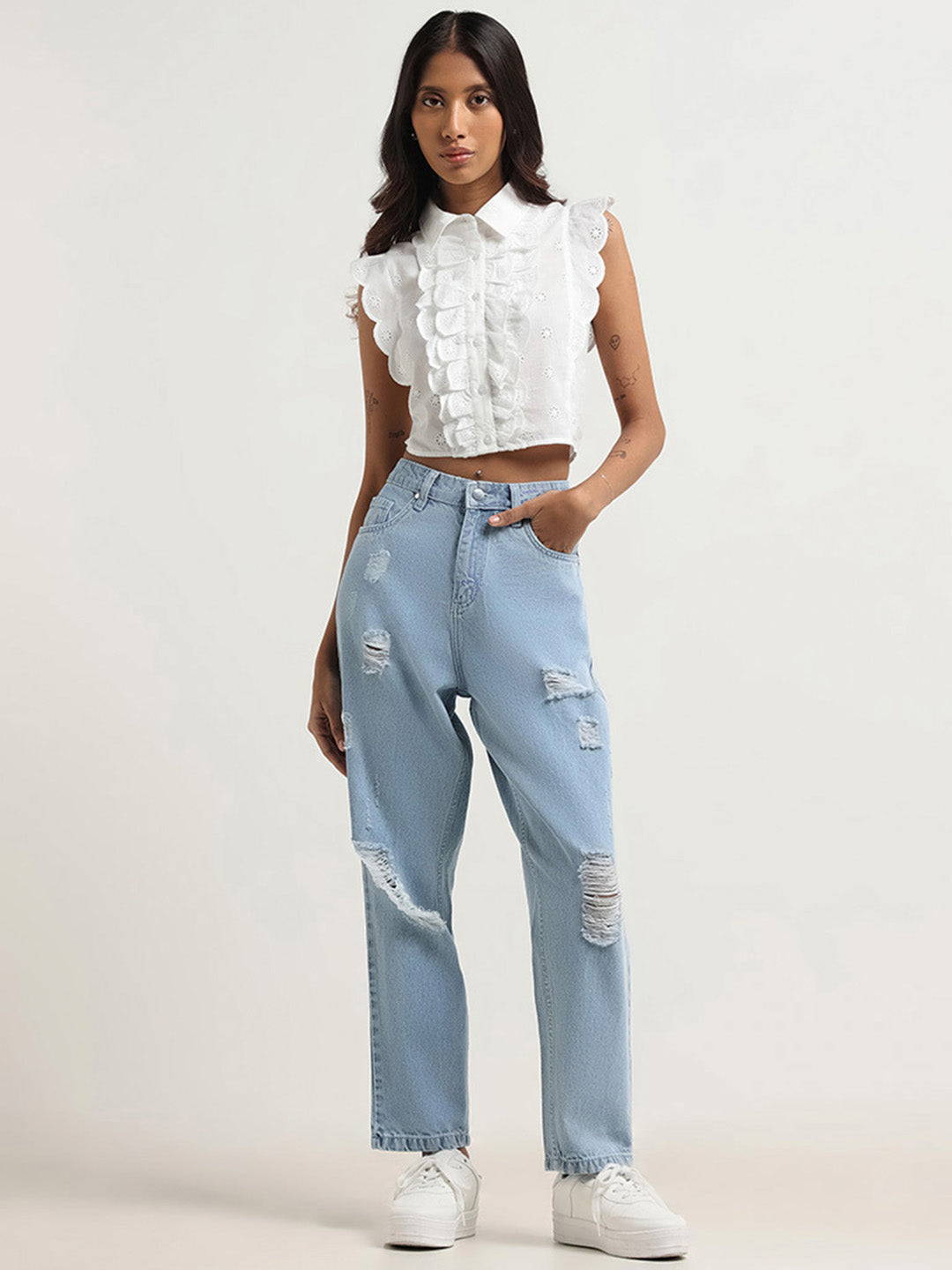 Nuon White Cotton Shifflie Crop Top