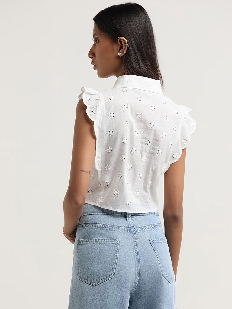 Nuon White Cotton Shifflie Crop Top