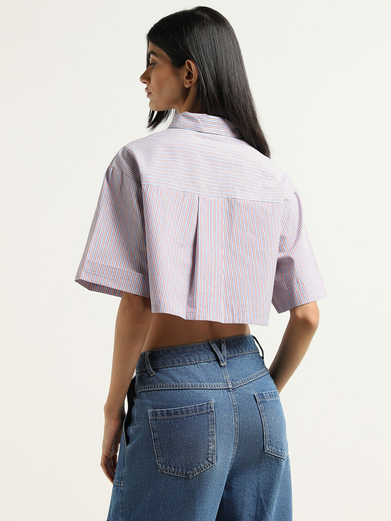 Nuon Blue Striped Cotton Crop Shirt