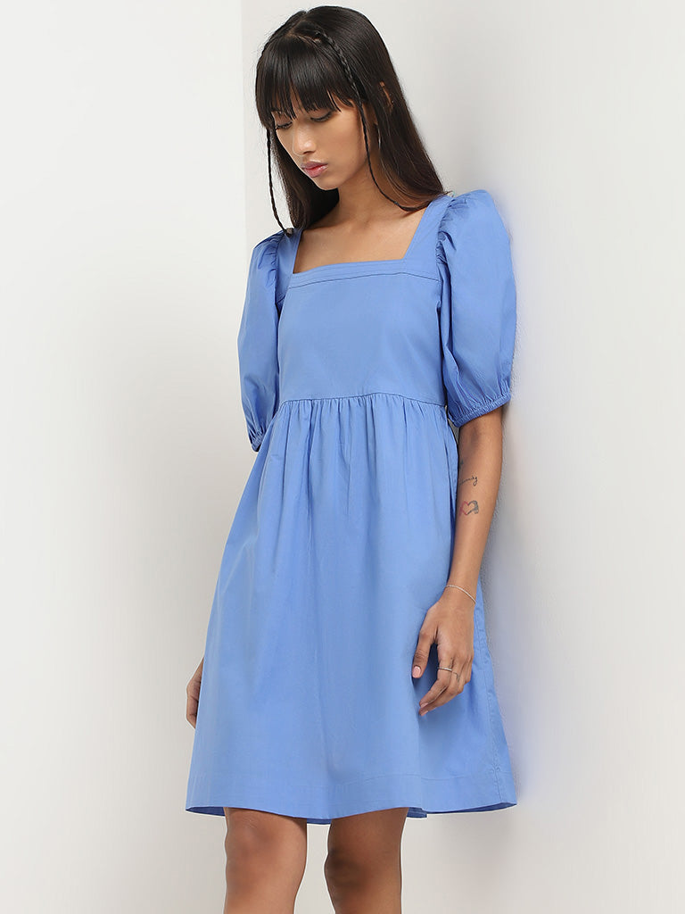 Nuon Blue Plain Cotton Dress