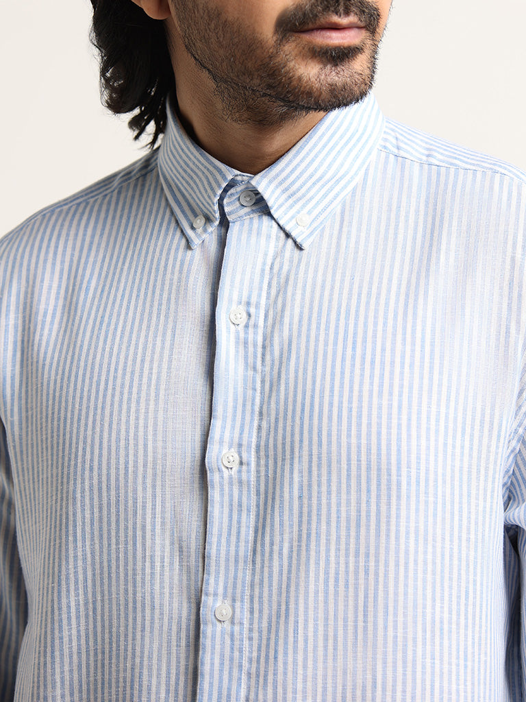 Ascot Blue Striped Relaxed Fit Blended Linen Shirt