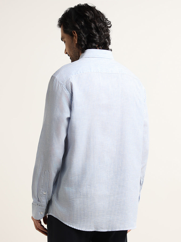 Ascot Blue Striped Relaxed Fit Blended Linen Shirt