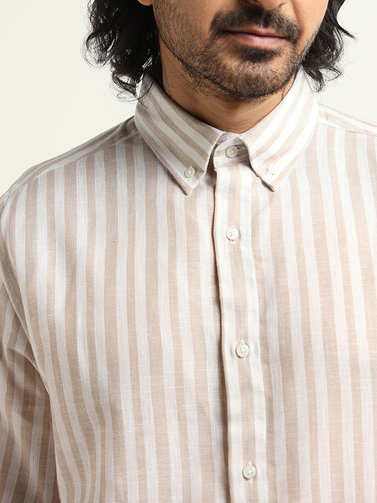 Ascot Beige Striped Relaxed Fit Blended Linen Shirt