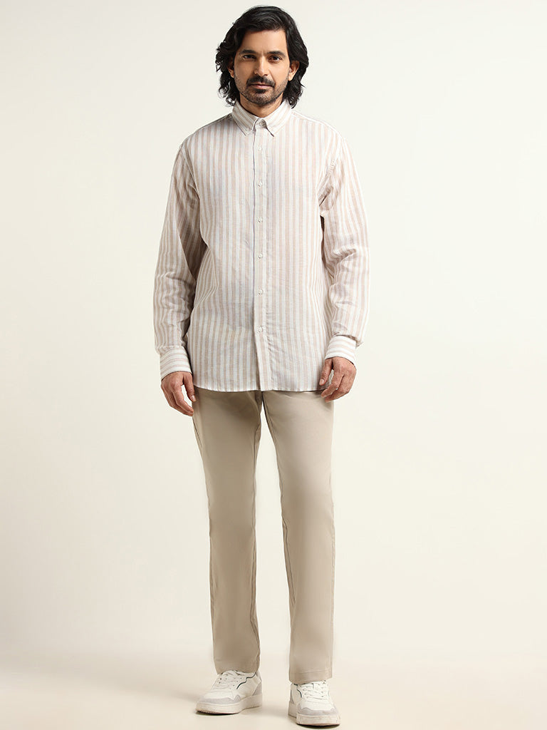 Ascot Beige Striped Relaxed Fit Blended Linen Shirt