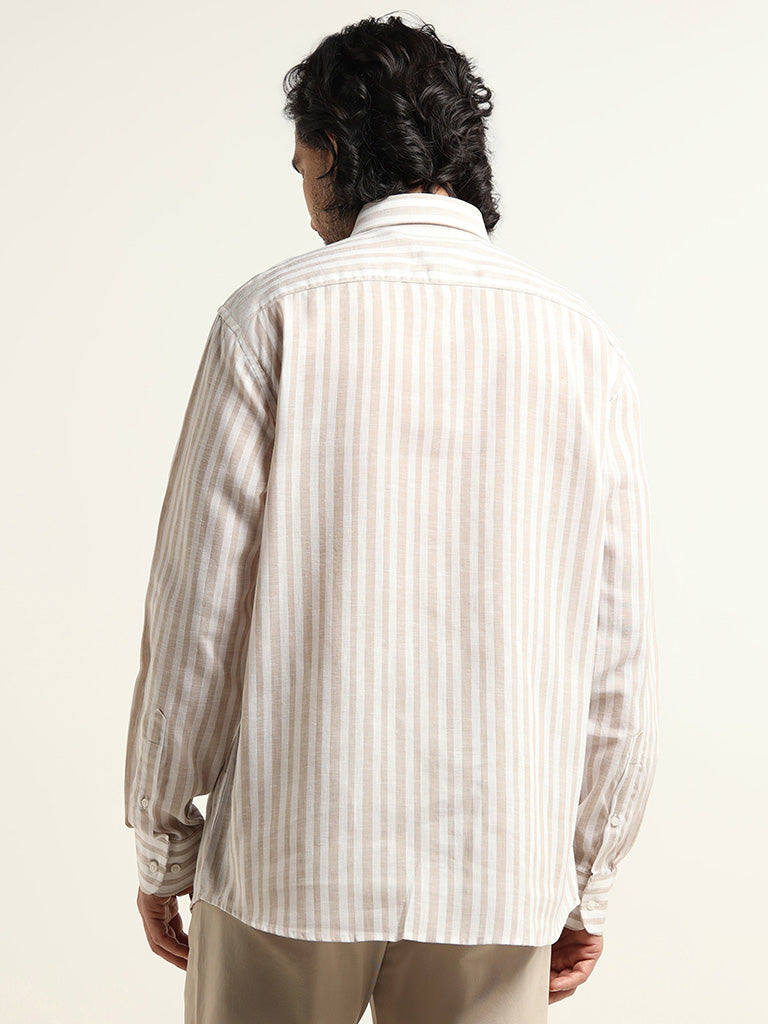 Ascot Beige Striped Relaxed Fit Blended Linen Shirt