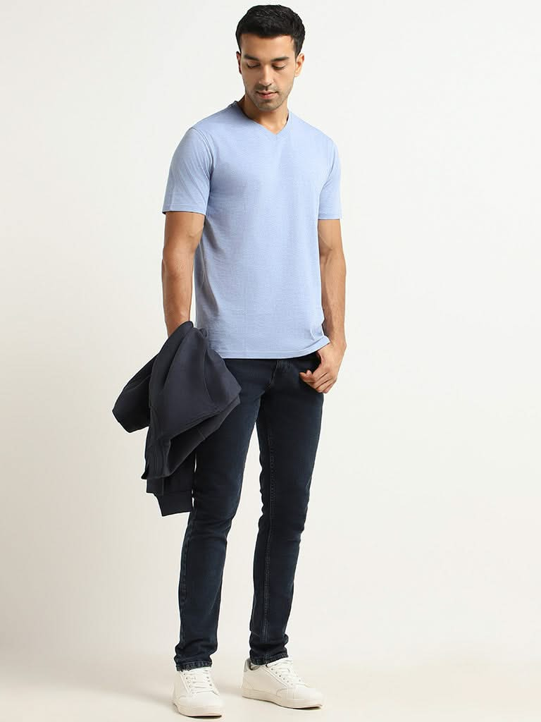 WES Casuals Blue Cotton Slim-Fit T-Shirt