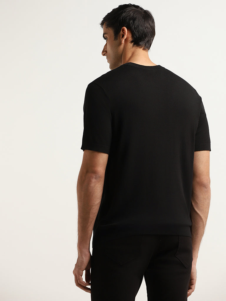 WES Formals Solid Black Knitted Slim Fit T-Shirt