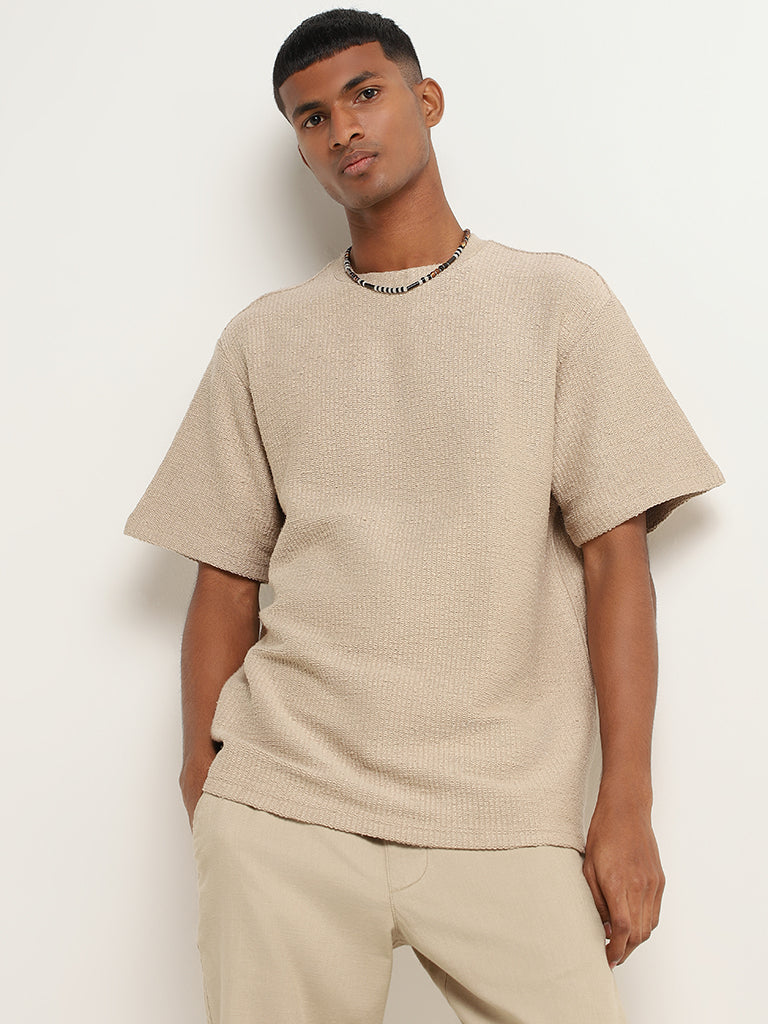 ETA Beige Woven Cotton Relaxed Fit T-Shirt