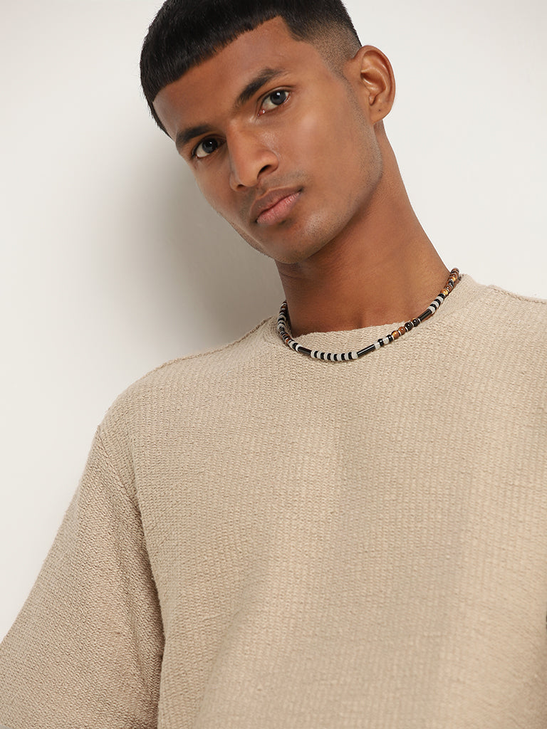 ETA Beige Woven Cotton Relaxed Fit T-Shirt